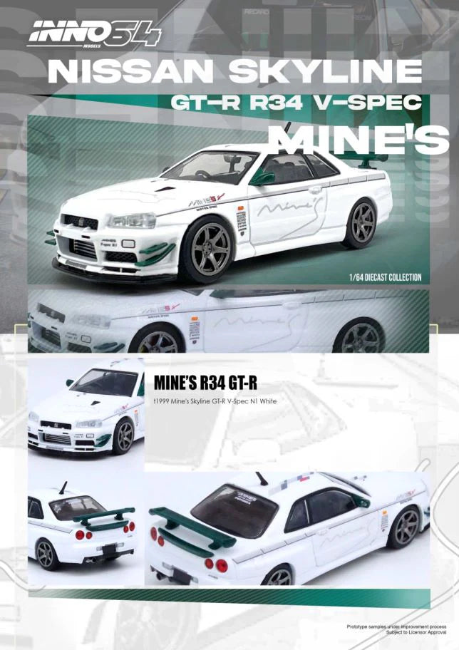 Inno64 Nissan Skyline GTR R34 v-spec tuned by MINES, white/green