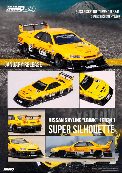 Inno64 Resin Nissan Skyline LBWK ER34 Super Silhouette Yellow 1:64 Sealed