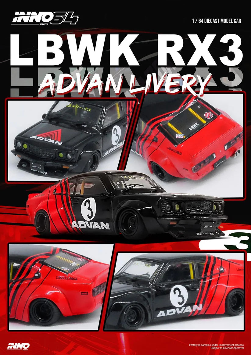 Inno64 LBWK Mazda Savanna RX3 ADVAN Livery Black/Red