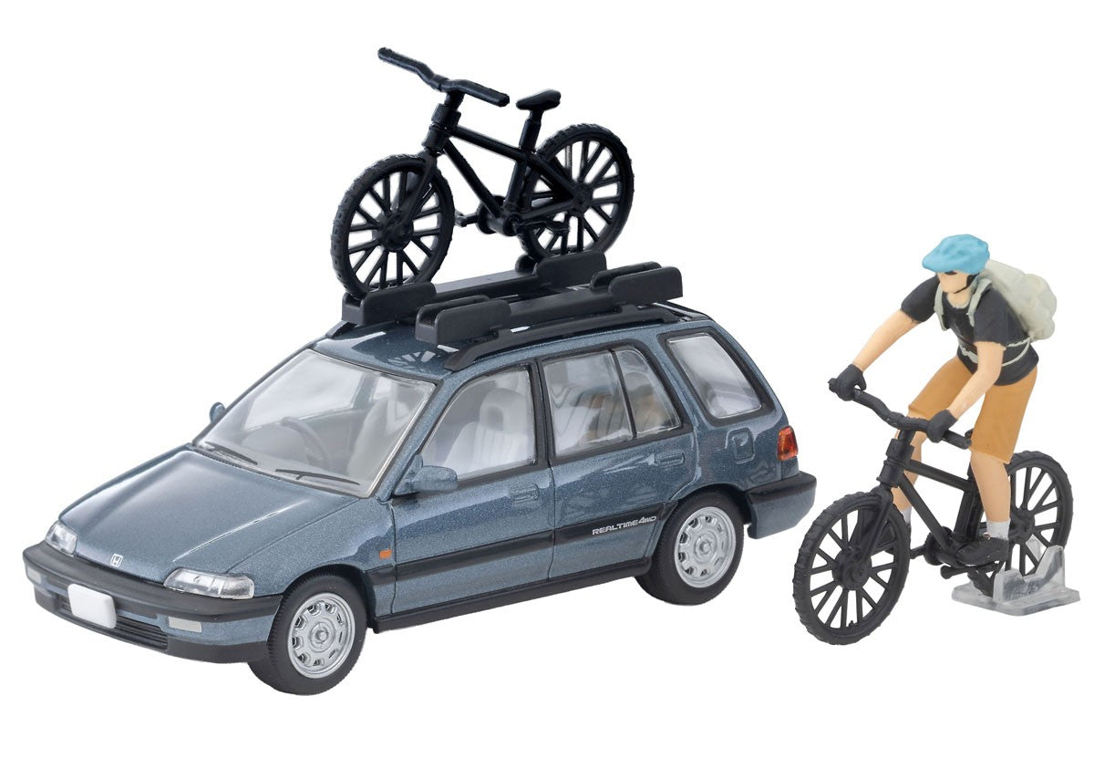 Tomica Limited Vintage 1:64 1990 Honda Civic Shuttle RT X with Figure and Mountain Bike Blue