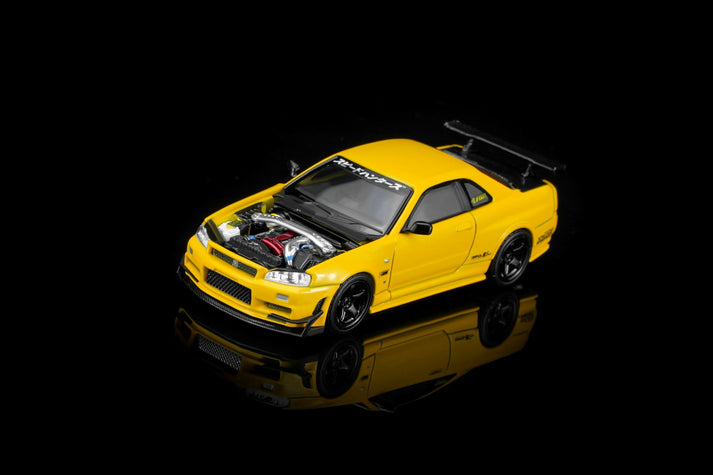 MotorHelix 1:64 Nissan Skyline GT-R (R34) Customized with GT Aero Kit Lightning yellow