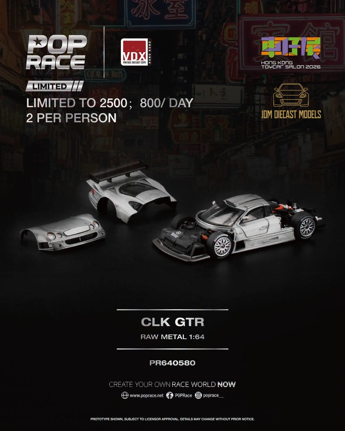 Pop Race 1:64 Mercedes-Benz CLK GTR Raw Metal HK ToyCar Salon PR640580