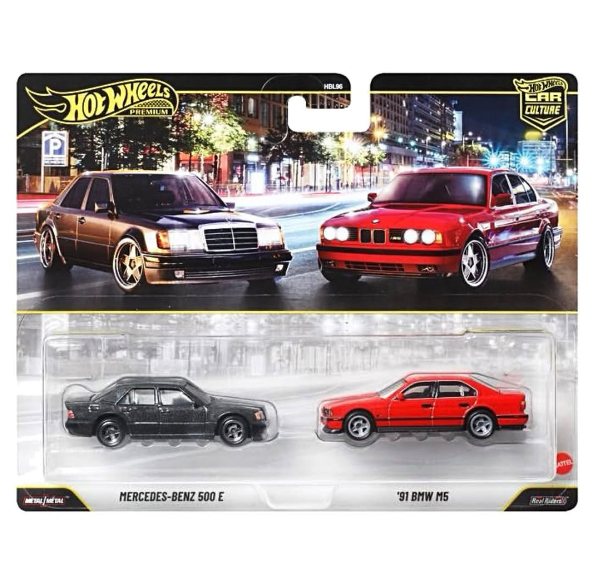 Hot Wheels 1:64 2 Pack Mercedes-Benz 500 E & 1991 BMW M5 Grey/Red Premium Car Culture Twin Pack