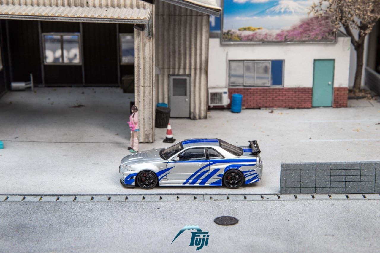 Fuji 1:64 Diecast Skyline R34 GT-R Nismo Z-Tune Silver/Blue Livery