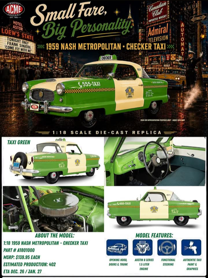 Acme Diecast 1:18 1959 Nash Metropolitan *Checker Taxi* Green