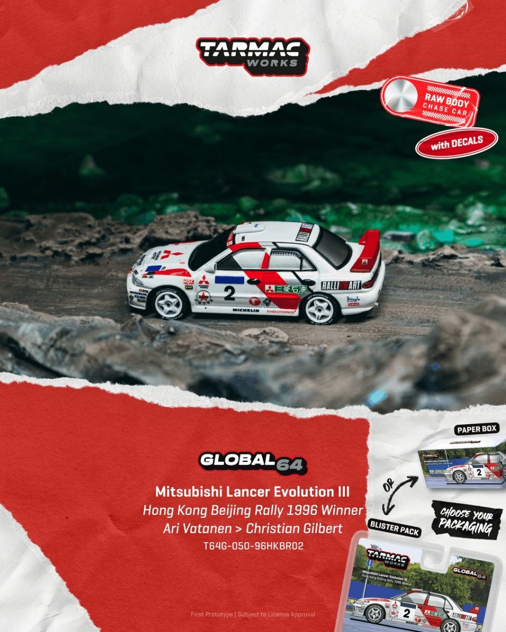 Tarmac Works 1:64 1996 Mitsubishi Lancer EVO III #2 Ari Vatanen/Christian Gilbert Hong Kong Beijing Rally Winner