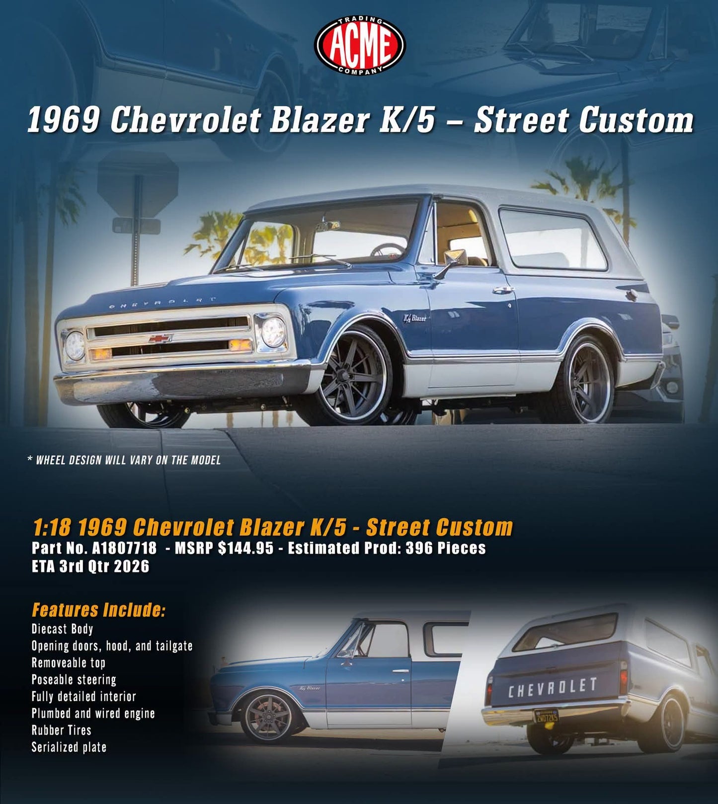 Acme Diecast 1:18 1969 Chevrolet Blazer K/5 2WD *Street Custom* Blue