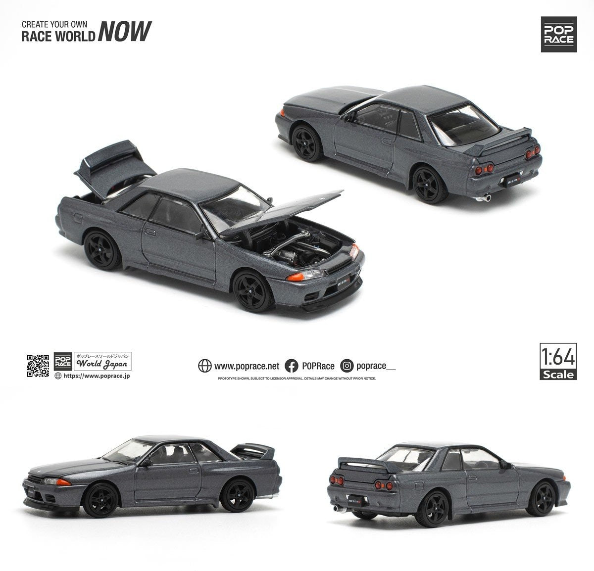 Pop Race 1:64 Nissan GT-R R32 Gun Grey Metallic *New Tooling*