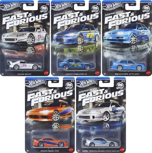 Hot Wheels 1:64 Fast & Furious 25 Years Graphic Remix Set of 5 Cars