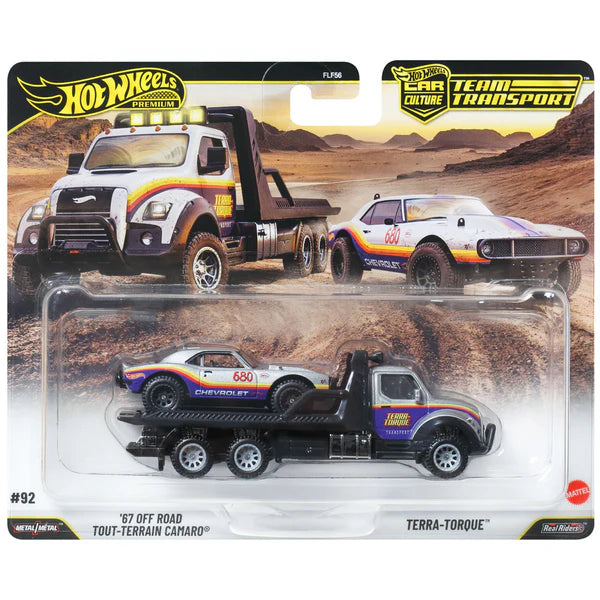 Hot Wheels 1:64 Team Transport 1967 Off Road Camaro + Off road Murica Flat Bed