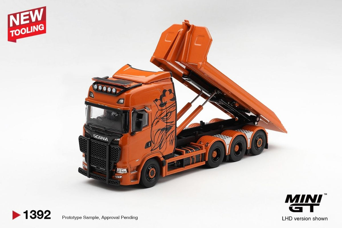 Mini GT 1:64 Scania 770S B8x4NA Hooklift Flatbed Orange #1392