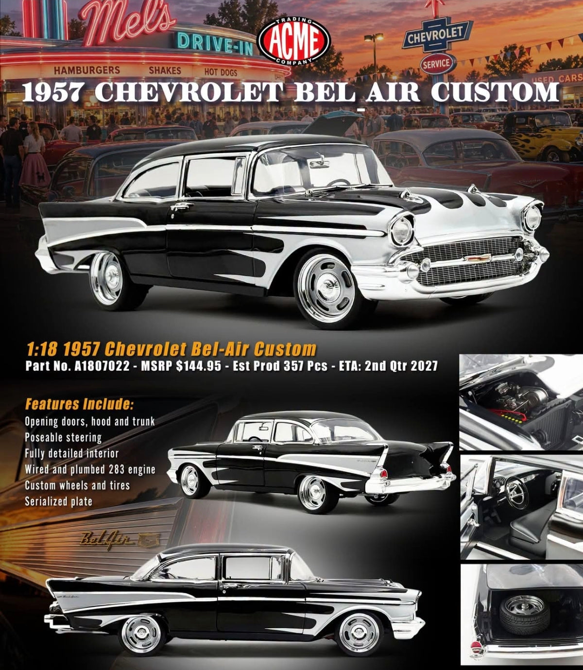 Acme Diecast 1:18 1957 Chevrolet Bel Air Custom Black/White