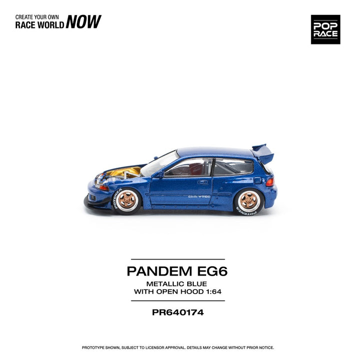 Pop Race 1:64 Pandem Civic EG6 Metallic Blue WITH Opening Bonnet PR640174