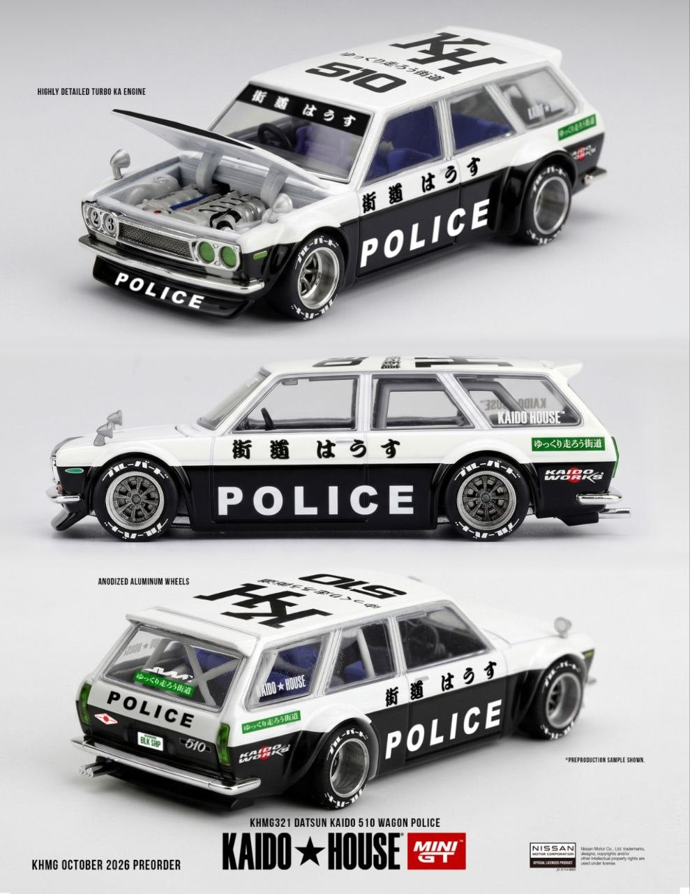 Kaido House x Mini GT 1:64 Datsun KAIDO 510 Wagon Police #321