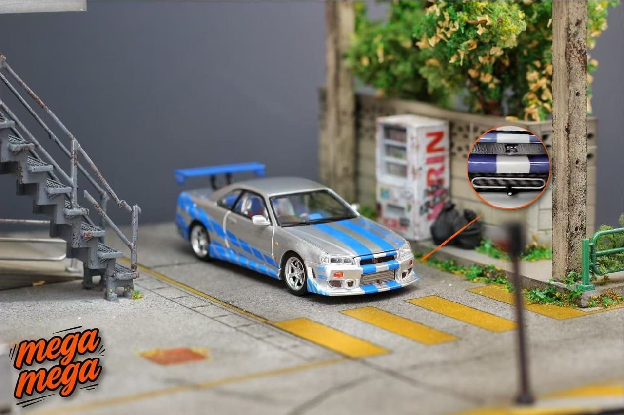 Mega Mega 1:64 Diecast Skyline GT-R R34 Silver/Blue