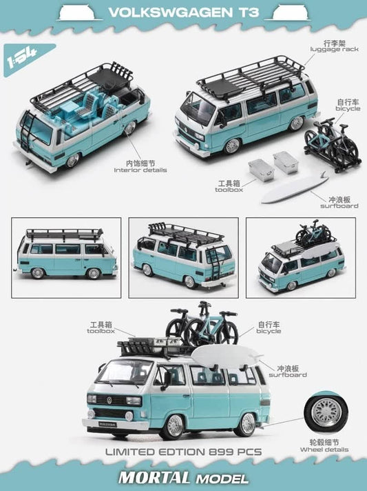 Mortal Model 1:64 Diecast Volkswagen T3 (Carrera Bus B32) Lowrider BBS Wheels Tiffany Blue