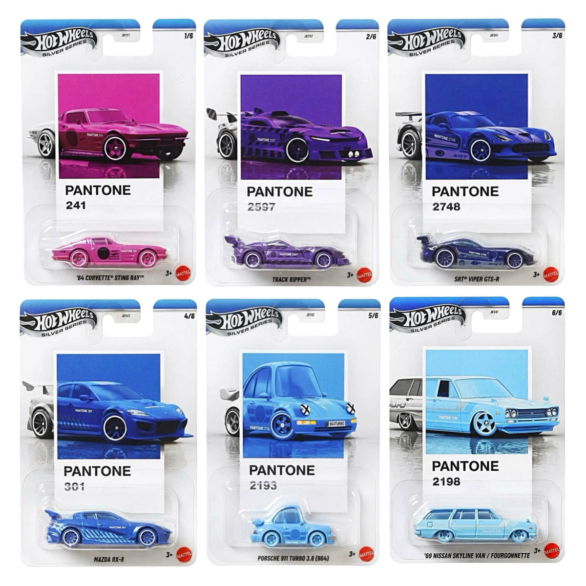 Hot Wheels 1:64 Pantone Mix 3 Full Set of 6 Silver Series