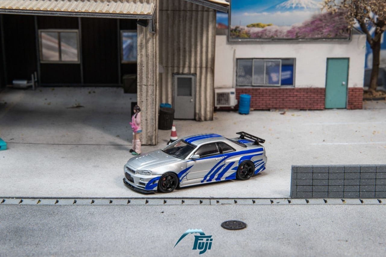 Fuji 1:64 Diecast Skyline R34 GT-R Nismo Z-Tune Silver/Blue Livery