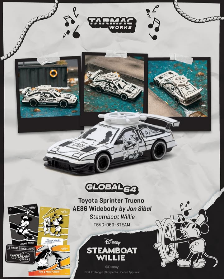 Tarmac Works 1:64 Toyota Sprinter Trueno AE86 Widebody by Jon Sibal *Mickey & Friends Steamboat Willie* White/Black