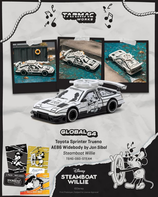 Tarmac Works 1:64 Toyota Sprinter Trueno AE86 Widebody by Jon Sibal *Mickey & Friends Steamboat Willie* White/Black