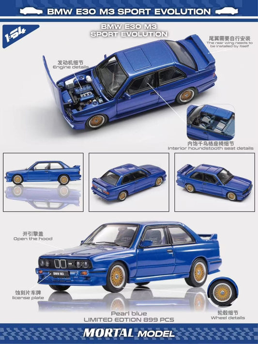 Mortal Model 1:64 Diecast BMW E30 M3 Sedan Sport Evolution Pearl Blue
