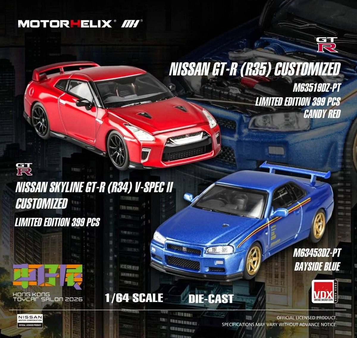 MotorHelix 1:64 Nissan Skyline GT-R (R34) V-Spec II Customised Bayside Blue Hong Kong Toy Car Salon 2026