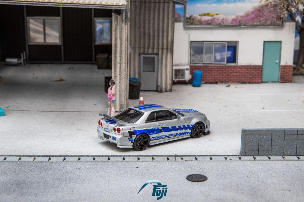 Fuji 1:64 Diecast Skyline R34 GT-R Nismo Z-Tune Silver/Blue Livery