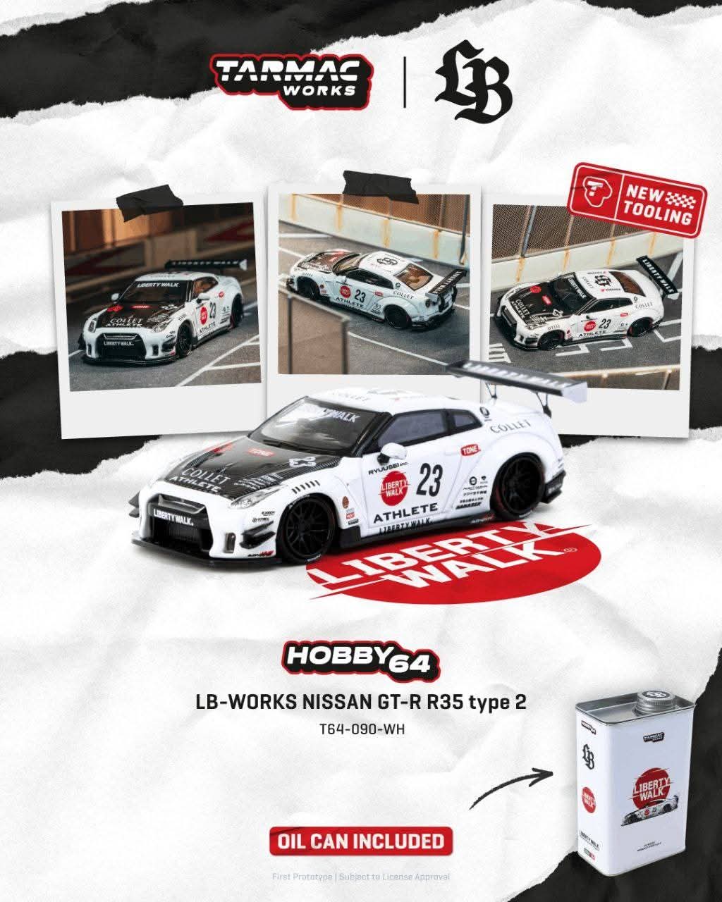 Tarmac Works 1:64 2025 Nissan GT-R (R35) LB Works Type 2 White Athlete X Collect in a LB Limited Tin Can White/Red/Black