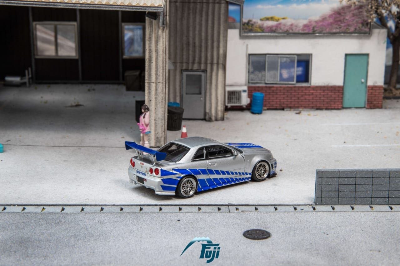 Fuji 1:64 Diecast Skyline R34 GT-R Nismo Z-Tune Silver/Blue Livery