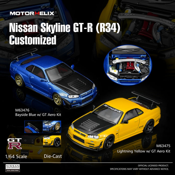 MotorHelix 1:64 Nissan Skyline GT-R (R34) Customized with GT Aero Kit Lightning yellow