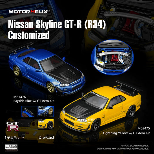 MotorHelix 1:64 Nissan Skyline GT-R (R34) Customized with GT Aero Kit Lightning yellow
