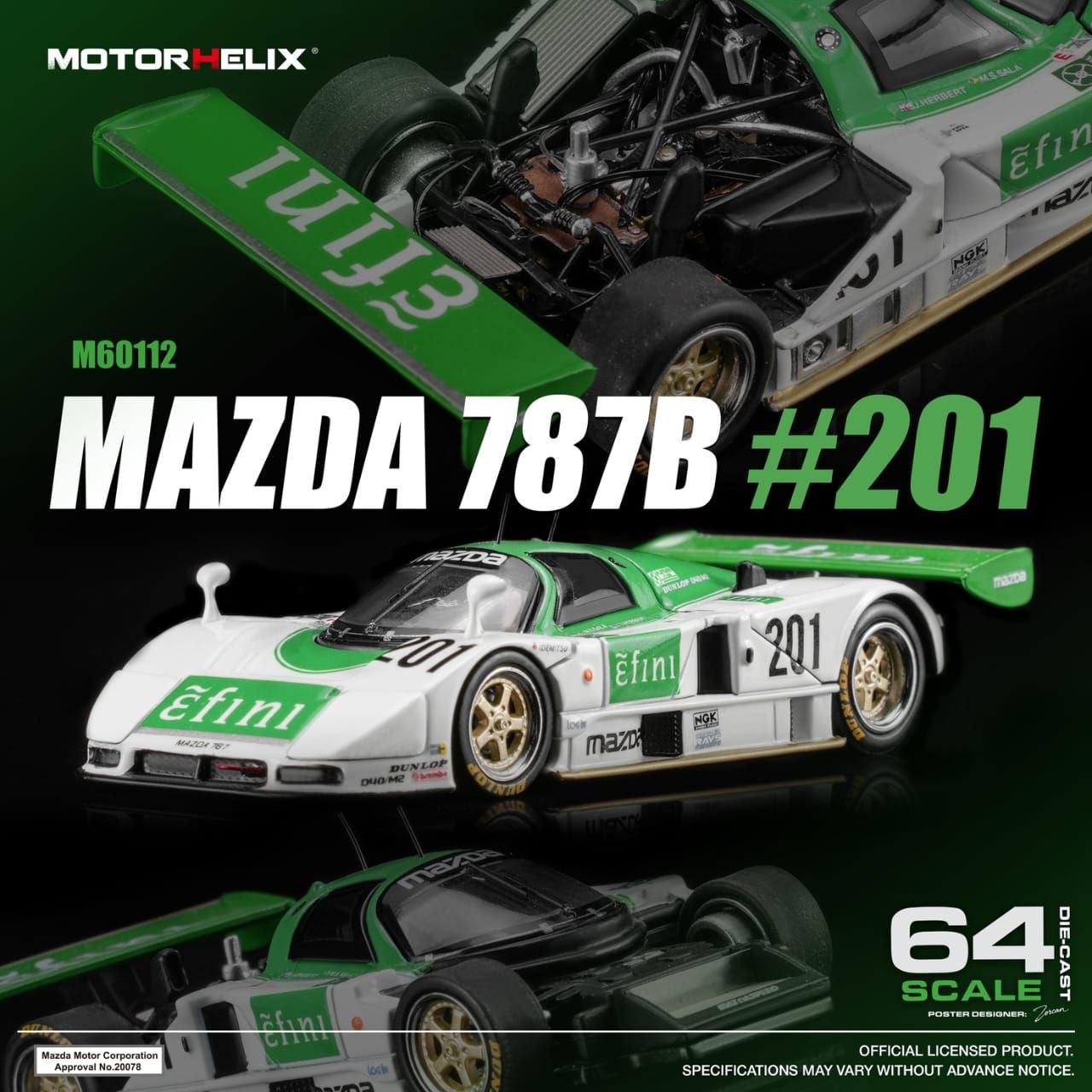 MotorHelix 1:64 Mazda Licensed Products - 787B Green-White #201 Livery (M60112)