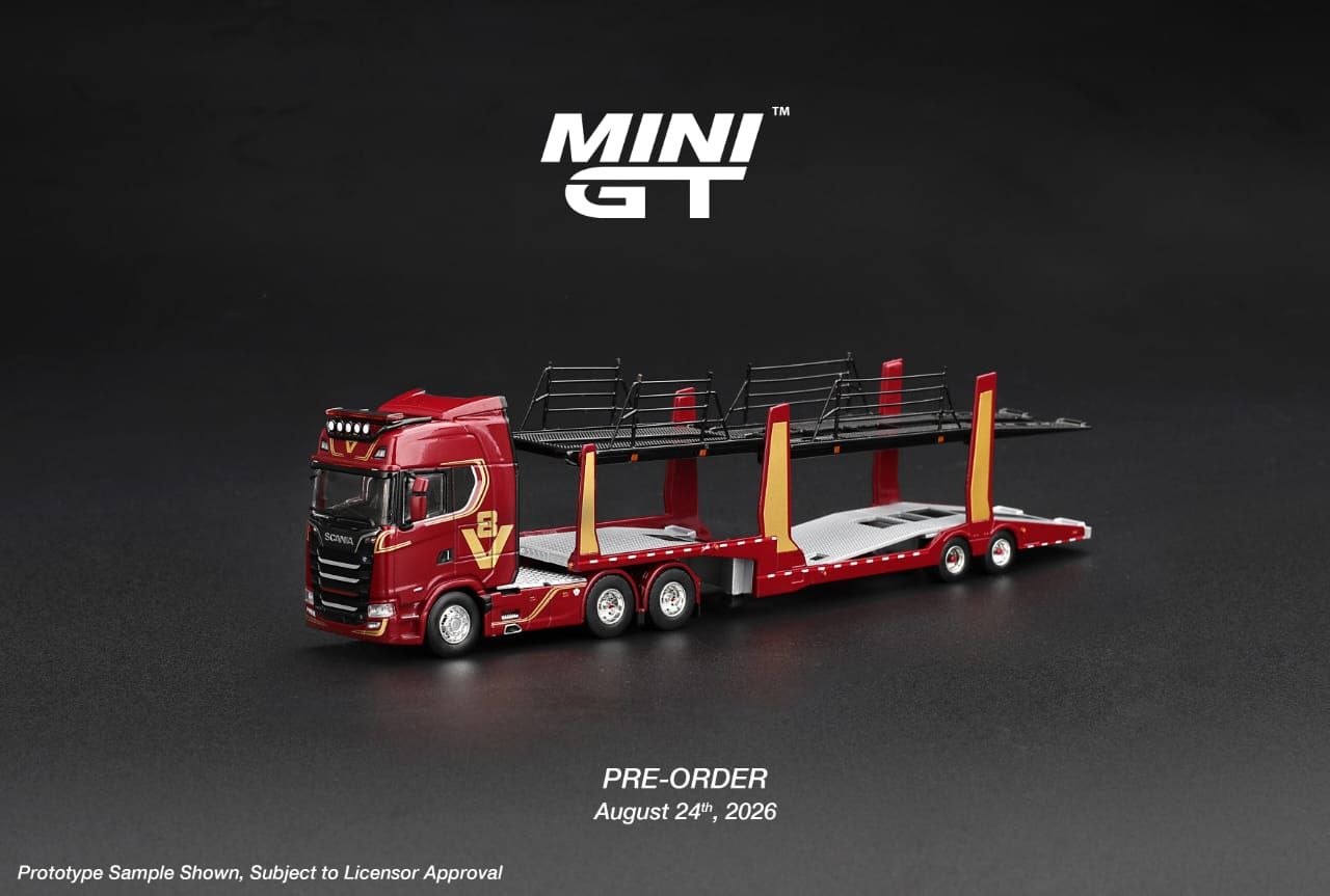 Mini GT 1:64 Scania 770S A6x4NA Car Transporter V8 50th Anniversary + Car Transporter Red #1350