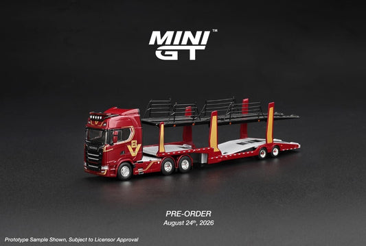 Mini GT 1:64 Scania 770S A6x4NA Car Transporter V8 50th Anniversary + Car Transporter Red #1350