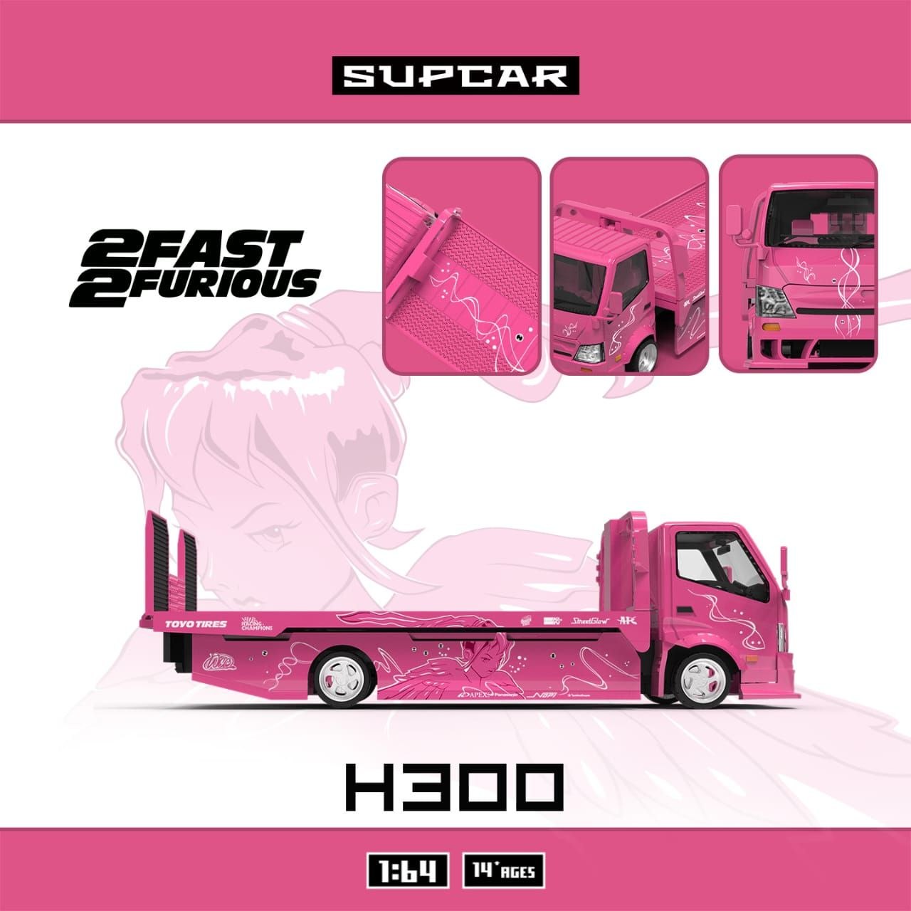 Supcar 1:64 Diecast H300 Tow Truck Fast & Furious 2 Fast 2 Furious Pink Livery
