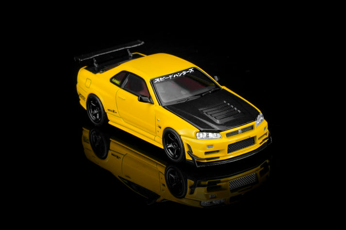 MotorHelix 1:64 Nissan Skyline GT-R (R34) Customized with GT Aero Kit Lightning yellow