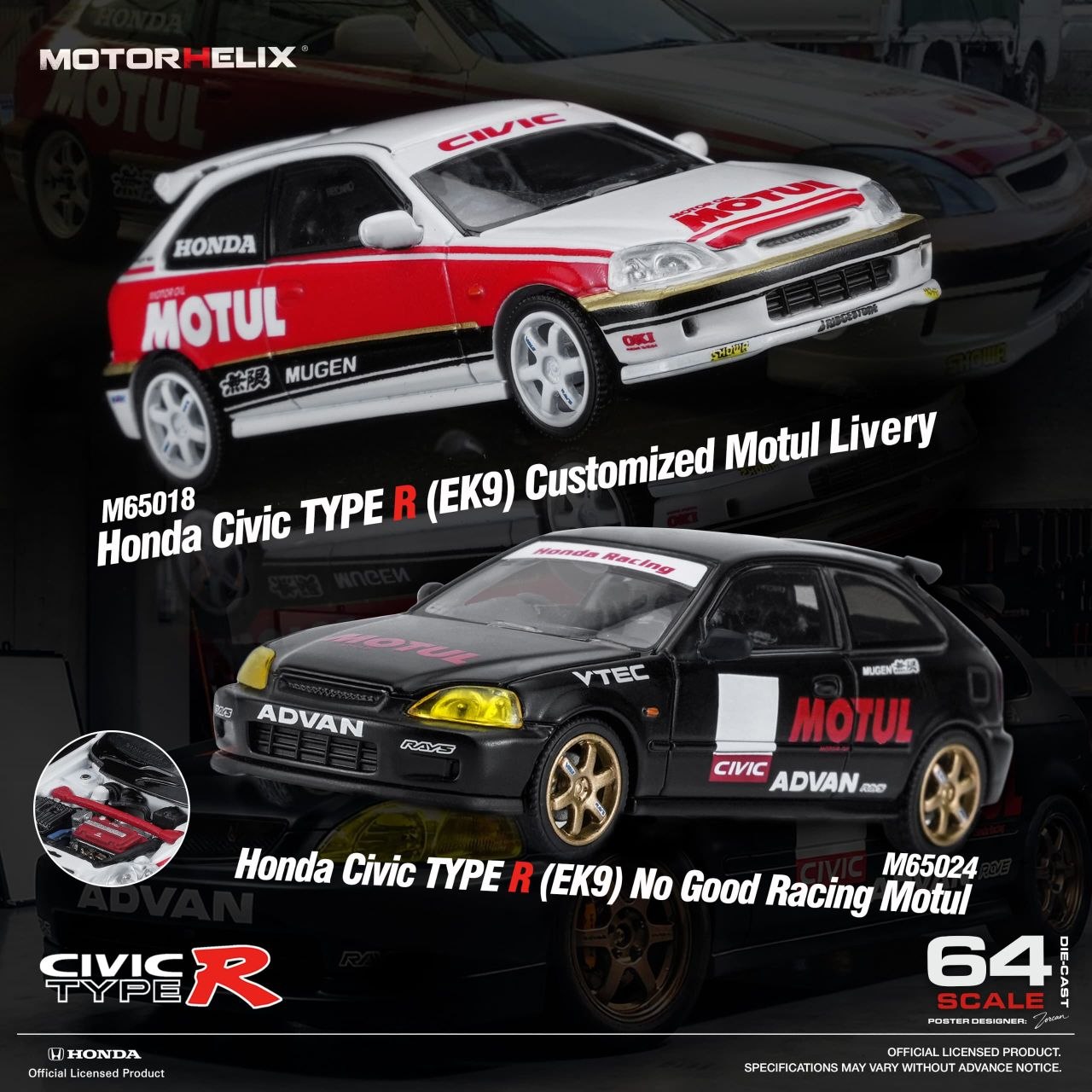 MotorHelix 1:64 2012 Honda Civic Type R (EK9) *MOTUL* White/Red