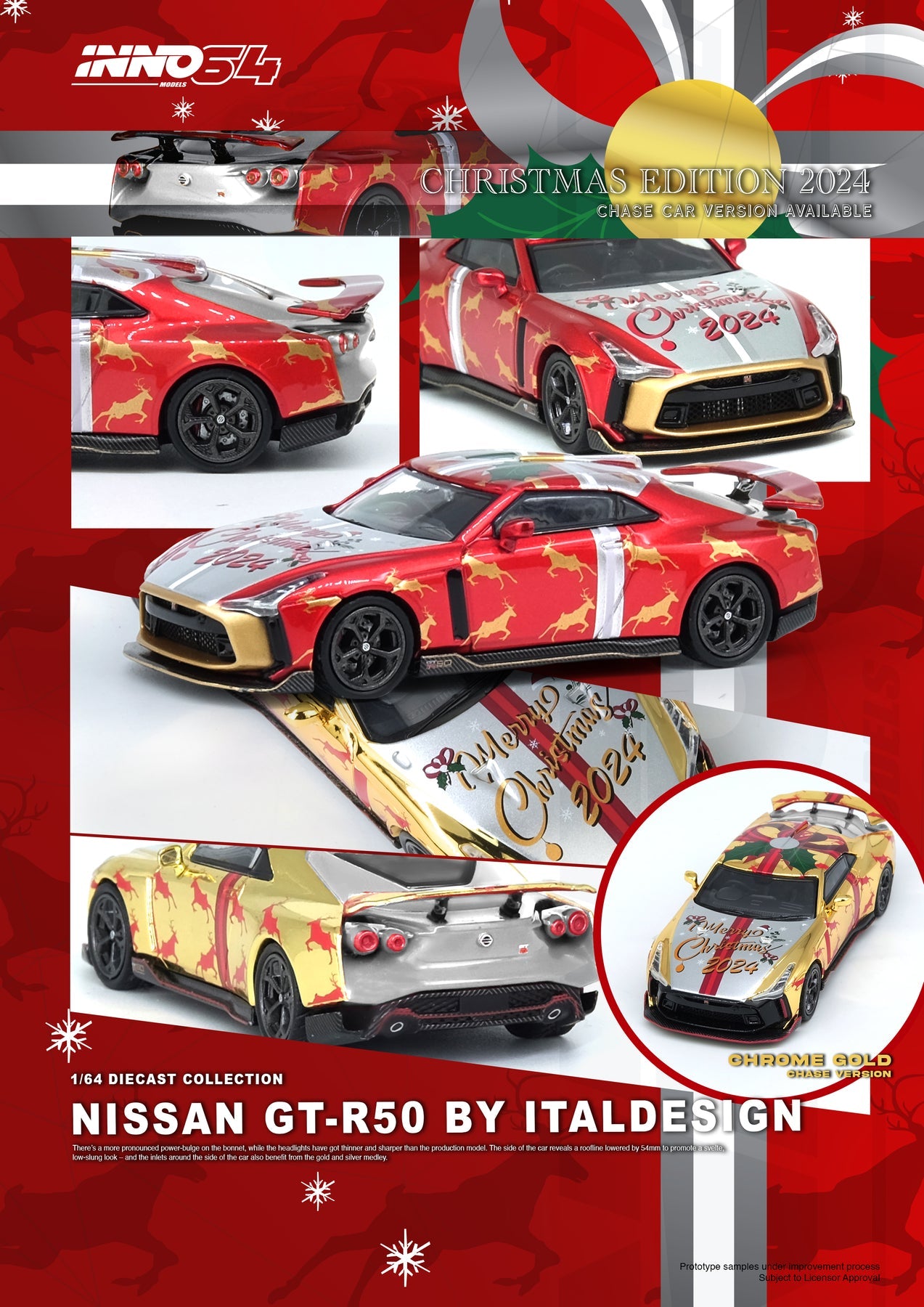 Inno64 Nissan GT-R50 "X'MAS 2024" Special Edition With Chrome Gold Chase Car *RANDOM*