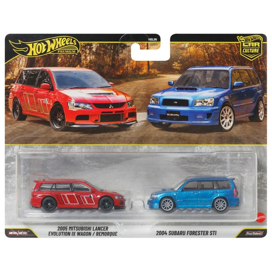 Hot Wheels 1:64 2 Pack 2005 Mitsubishi Lancer Evo IX Wagon & 2004 Subaru Forester STI Premium Car Culture Twin Pack