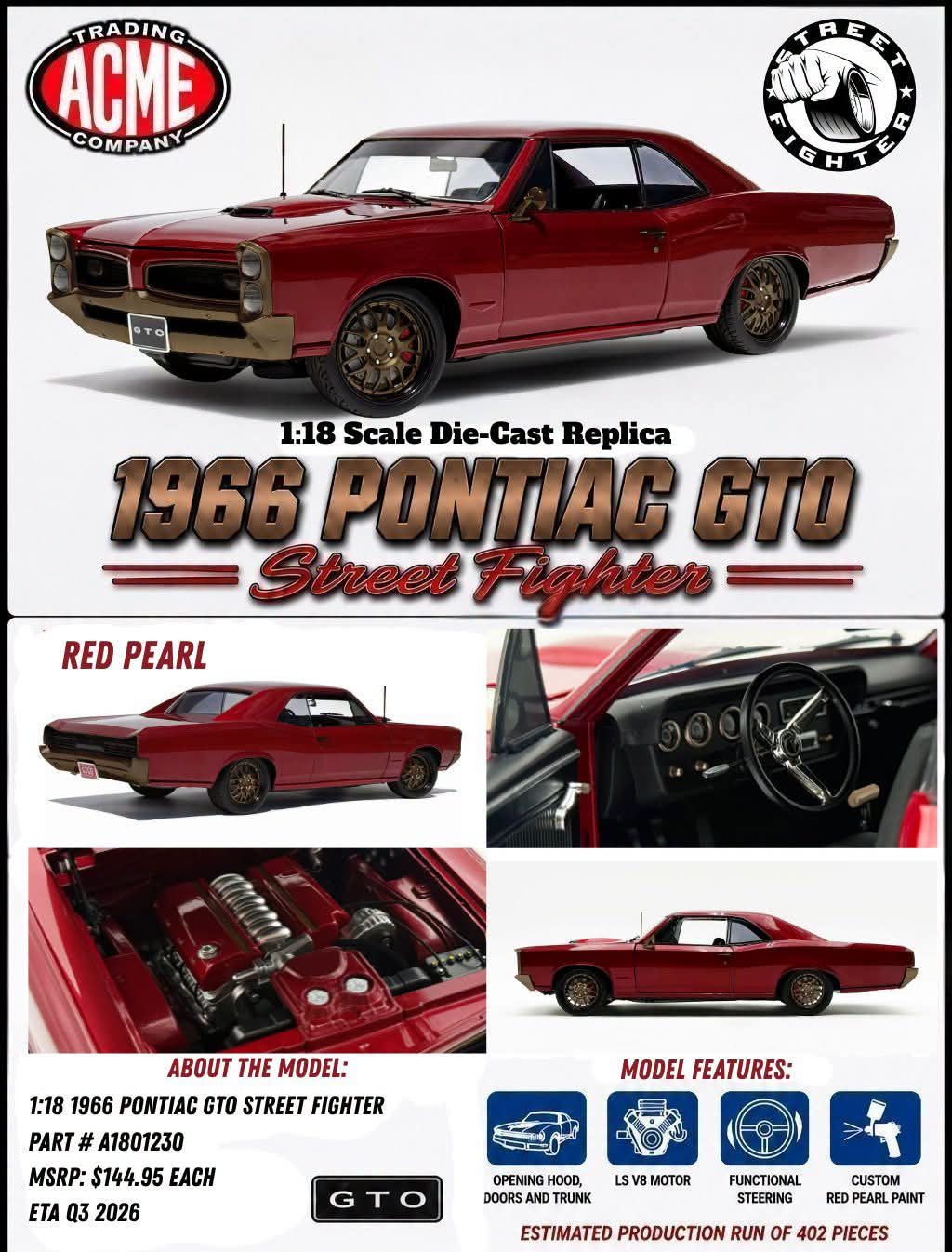 Acme Diecast 1:18 1966 Pontiac GTO *Street Fighter* Red Pearl