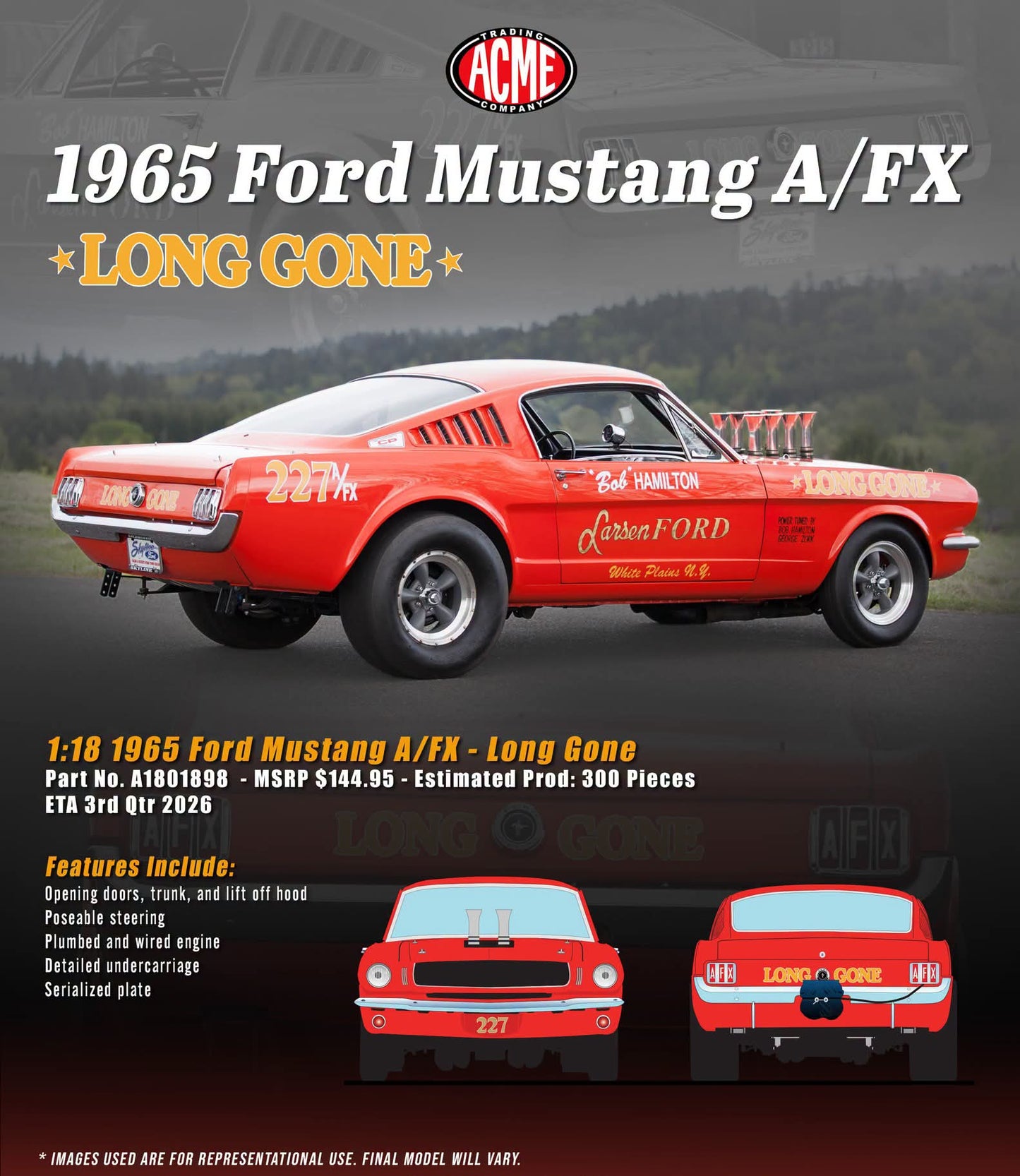 Acme Diecast 1:18 1965 Ford Mustang A/FX *Long Gone* Red