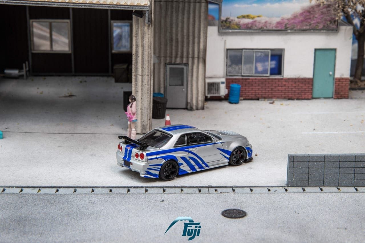 Fuji 1:64 Diecast Skyline R34 GT-R Nismo Z-Tune Silver/Blue Livery