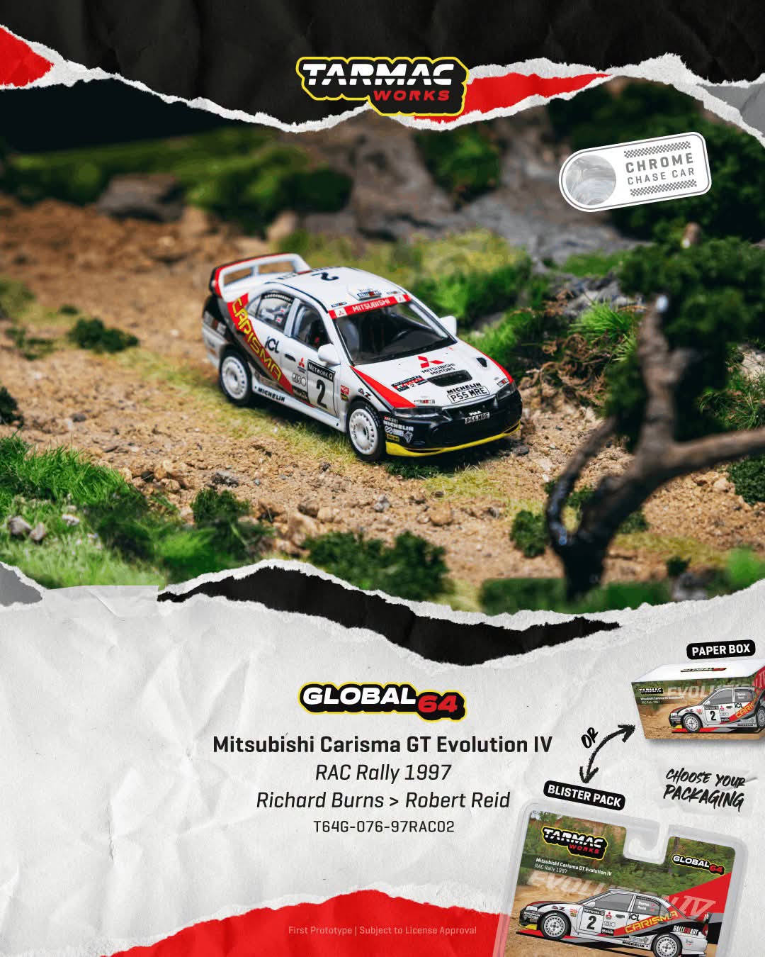 Tarmac Works 1:64 1997 Mitsubishi Carisma GT Evo IV #2 Richard Burns RAC Rally