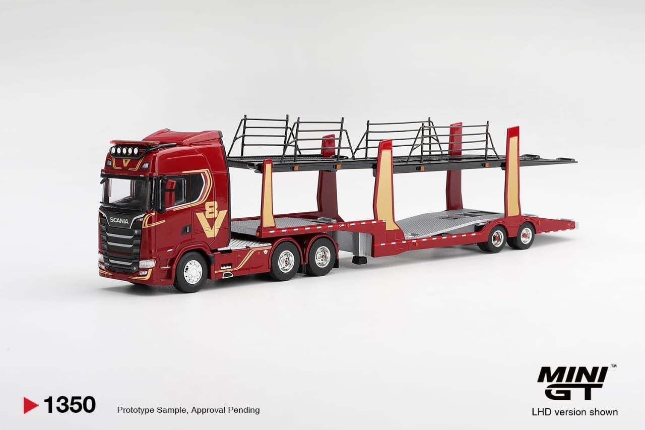 Mini GT 1:64 Scania 770S A6x4NA Car Transporter V8 50th Anniversary + Car Transporter Red #1350