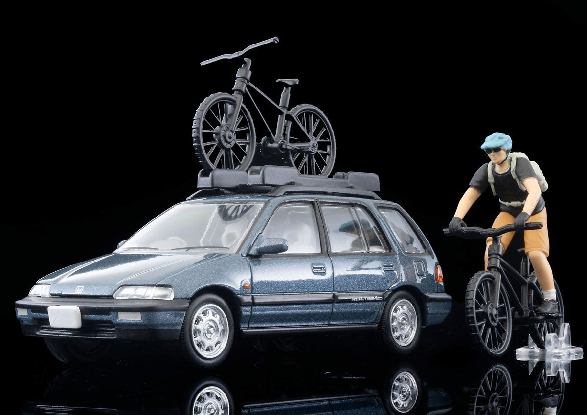 Tomica Limited Vintage 1:64 1990 Honda Civic Shuttle RT X with Figure and Mountain Bike Blue