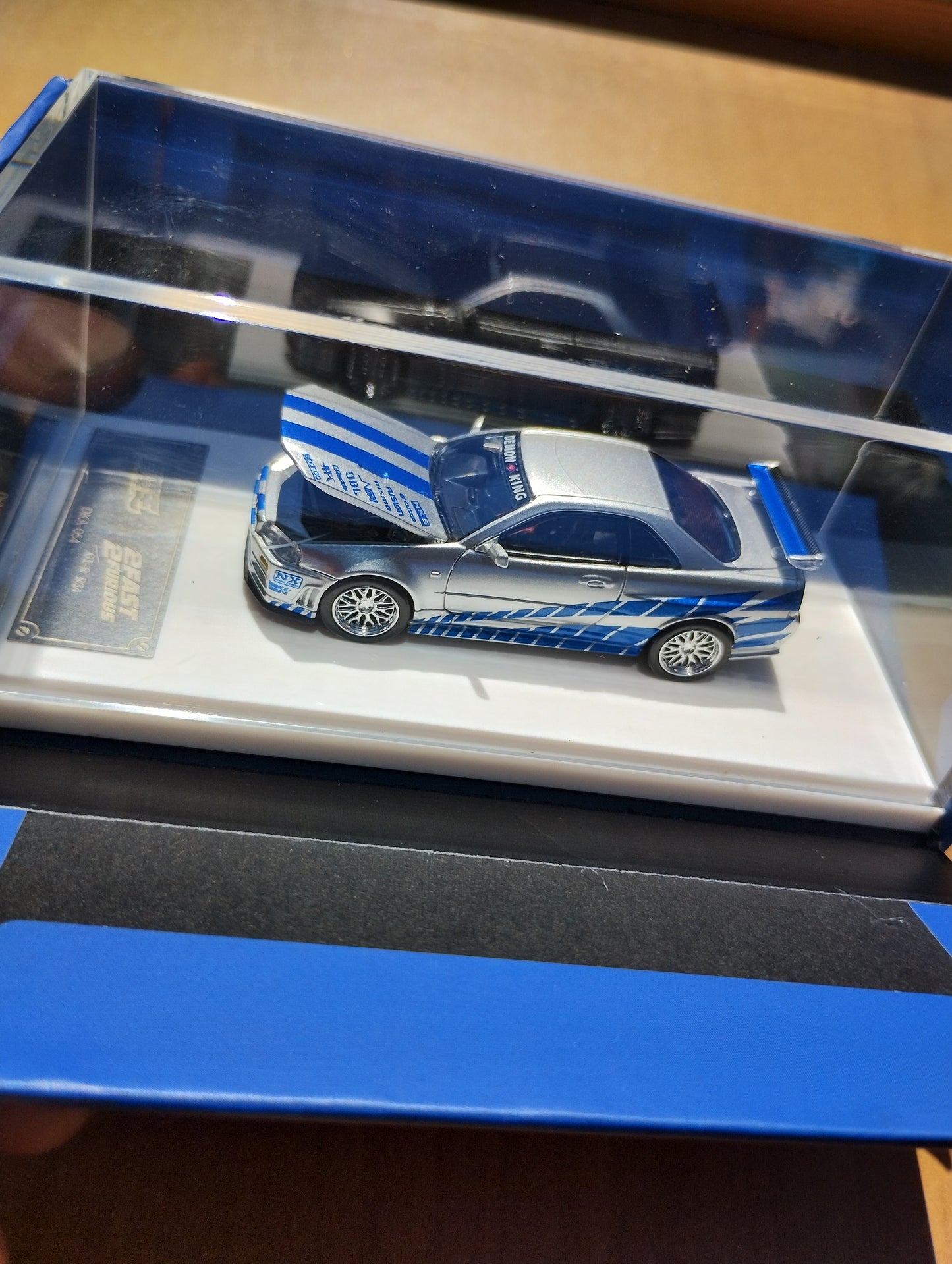 Demon King Auto 1:64 Nissan Skyline GTR R34 Silver Blue with Stripes *Open Unsealed*