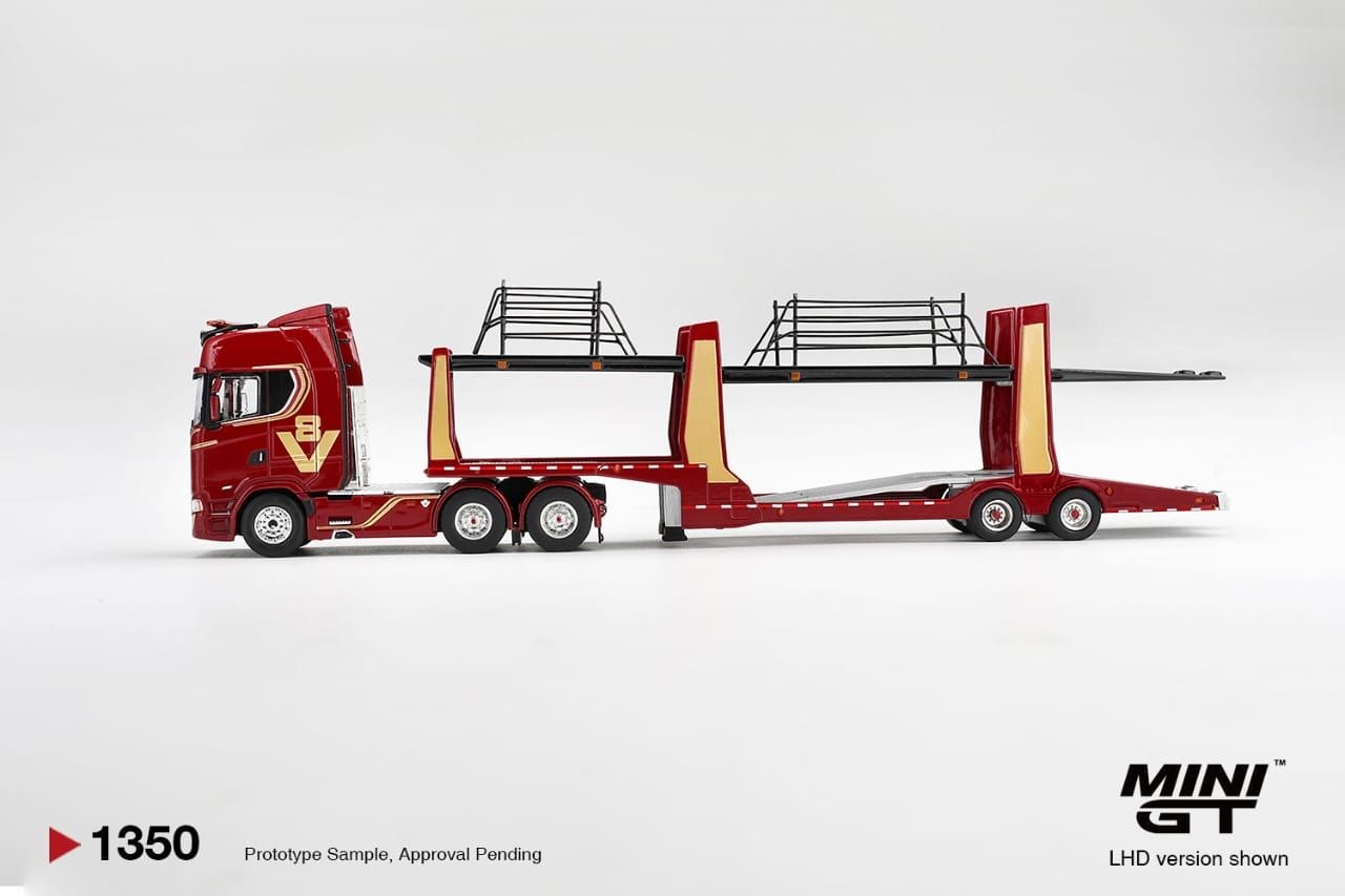 Mini GT 1:64 Scania 770S A6x4NA Car Transporter V8 50th Anniversary + Car Transporter Red #1350