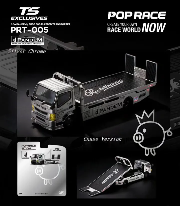 Pop Race 1:64 Pandem Fuso 300 Flatbad Transporter *Tokyo Station Exclusives* Silver Chrome