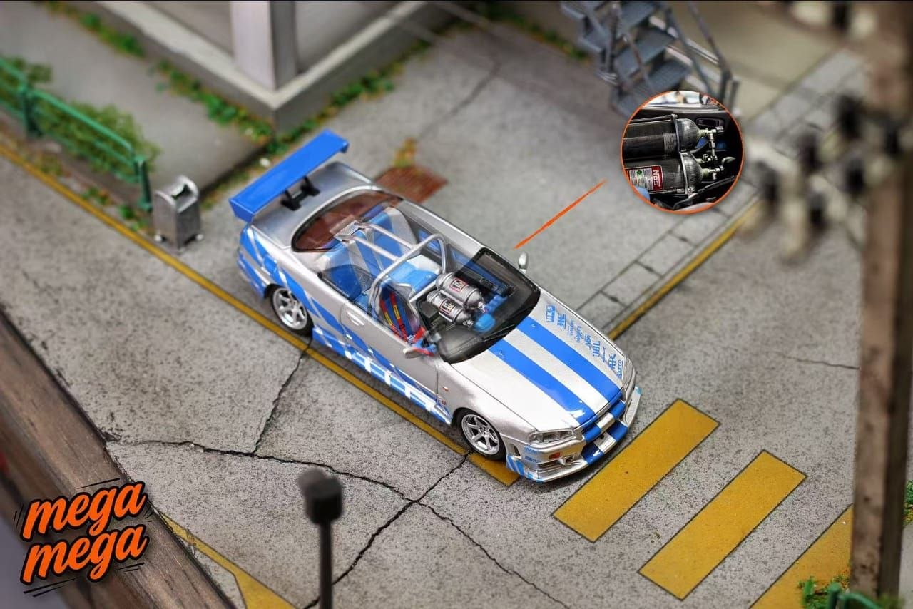 Mega Mega 1:64 Diecast Skyline GT-R R34 Silver/Blue