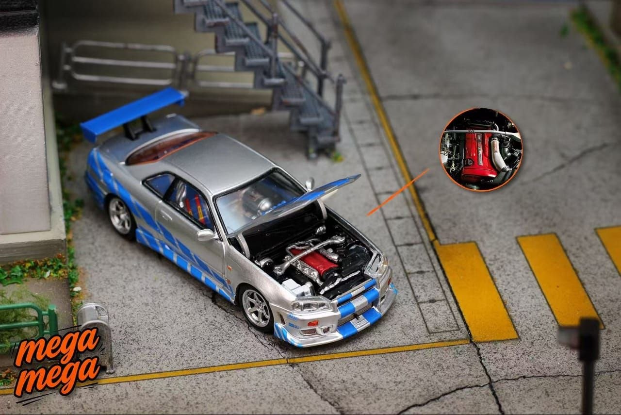 Mega Mega 1:64 Diecast Skyline GT-R R34 Silver/Blue